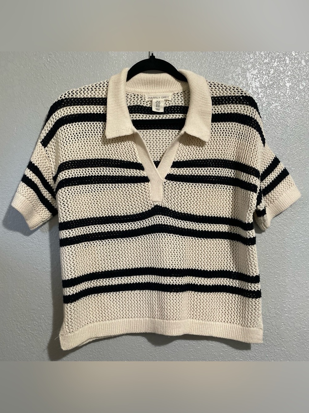 Harlyn Grey Cream & Black Striped Knit Polo Top